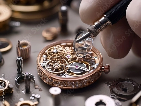 Obraz Expert watchmaker assembling intricate luxury timepiece with precision tools for exceptional craftmanship
