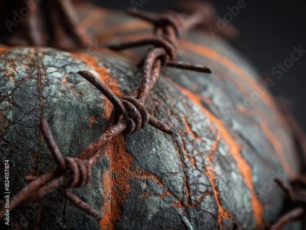 Obraz Eerie weathered pumpkin wrapped in rusty barbed wire creates a spooky Halloween vibe for scary decor