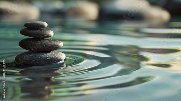 Fototapeta Stack of pebbles in a pool of water with ripples, zen and meditation concept