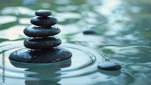 Fototapeta Stack of zen stones in water with ripples, a symbol of peace and balance