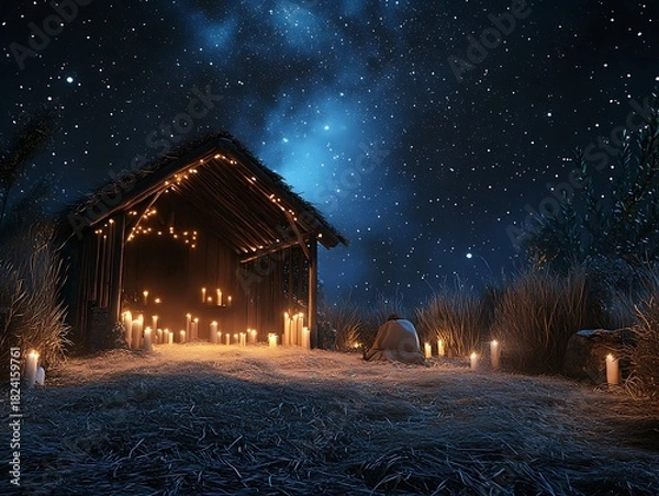 Obraz •	Nativity scene under a starry sky with soft candlelight and hay-covered floor 