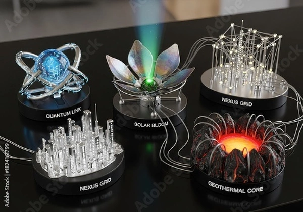 Obraz Five futuristic technological models representing advanced energy and data systems.