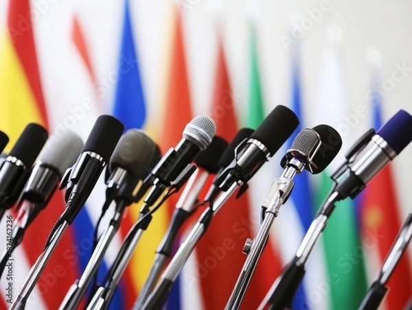 Obraz Press conference microphones ready for important global announcement with world flags behind