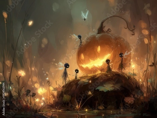 Obraz Enchanting Halloween night with mystical fairies gathered around a glowing jack o' lantern pumpkin