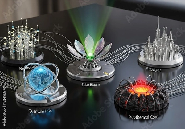 Obraz A conceptual illustration of five advanced technological systems including Neural Net, Quantum Link, Solar Bloom, Silicon Grid, and Geothermal Core, interconnected by wires on a dark surface.