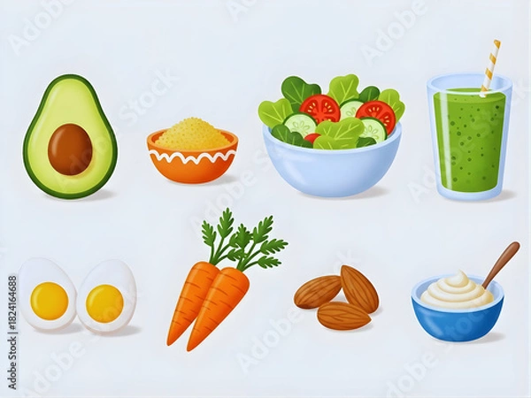 Fototapeta Healthy food essentials. 3d icons of avocado, quinoa, salad, smoothie, eggs, carrots, almonds, yogurt