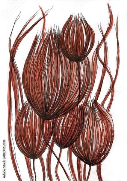 Obraz A stylized and expressive image of a group of flowers or buds. The drawing is executed in a mixed technique, combining watercolor washes and dense graphic hatching, on a white background. 