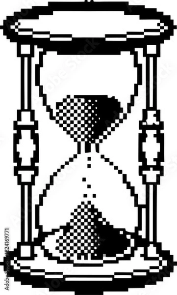 Fototapeta Retro pixel art hourglass classic black and white sand timer, vintage digital countdown, old school video game icon