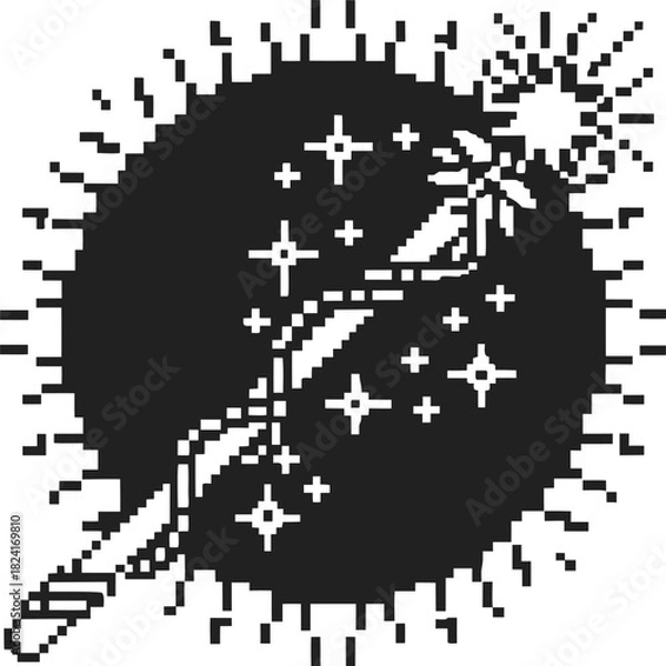 Fototapeta Pixel magic wand with glowing starburst and twinkling sparkles retro fantasy icon in black and white, magical energy concept