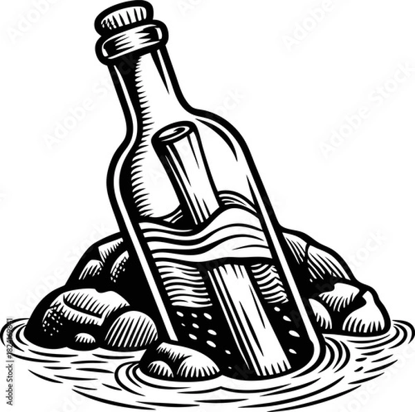 Obraz Message in a bottle washed ashore among rocks vintage hand drawn illustration, communication, adventure, lost mail, ocean mystery concept