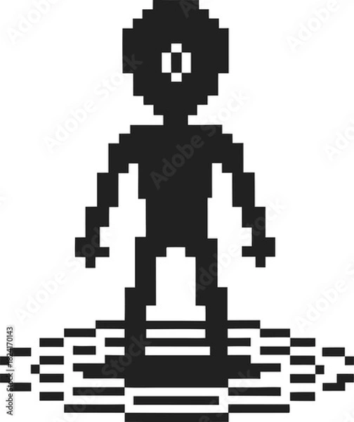 Obraz Pixel art humanoid figure standing on concentric circular lines retro digital style, minimal black and white 8 bit illustration