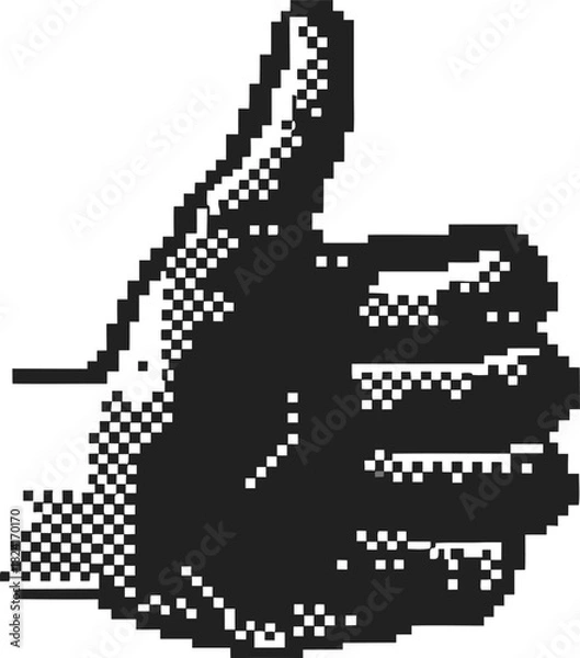 Fototapeta Pixelated thumbs up hand gesture retro digital style, positive approval symbol, black and white monochrome illustration
