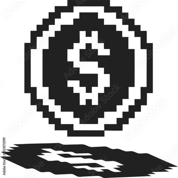 Obraz Retro pixel dollar coin symbol with shadow black and white digital currency icon, financial technology, blockchain concept