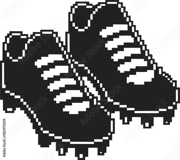 Obraz Pixel art soccer cleats black and white voxel football shoes with laces and studs, retro digital illustration