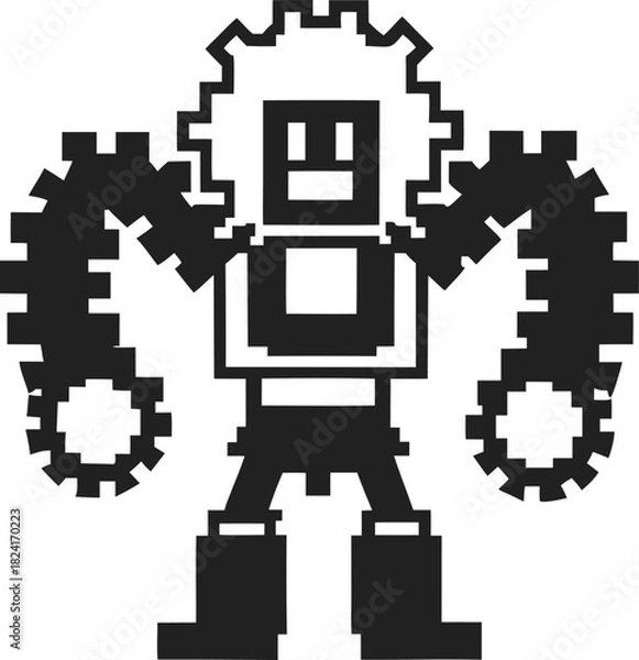 Obraz Pixel art mechanical robot with gear arms retro cyborg character, monochrome engineering figure, futuristic automation