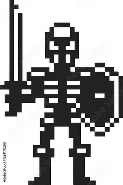 Obraz Pixel skeleton warrior with sword and shield retro 8 bit video game character, black and white icon, fantasy battle concept
