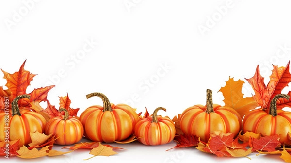 Fototapeta Autumn pumpkins and colorful leaves isolated on white background form border