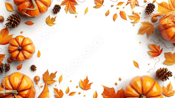 Fototapeta Autumn frame with pumpkins, pine cones and leaves isolated on white background