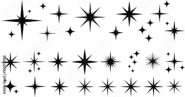 Fototapeta Black starburst icon grid, decorative burst shapes, abstract spark symbols, symmetrical sunburst graphics, radial design elements, visual accents