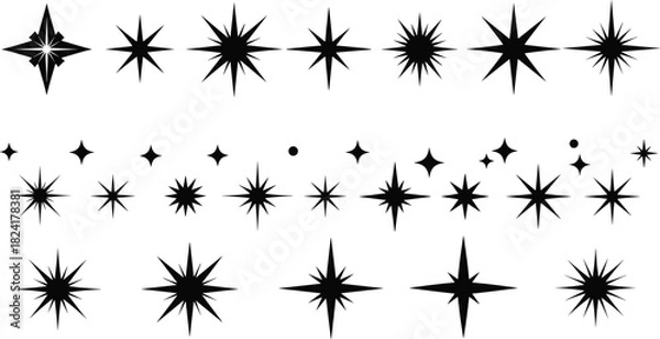 Fototapeta Black starburst icon set, decorative burst shapes, abstract spark symbols, symmetrical sunburst graphics, radial design elements, visual accents, minimal motifs