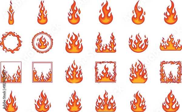Fototapeta Stylized flame icon grid, fire symbols, heat graphics, burning shapes, red orange flames, energy motifs, danger visuals, digital assets