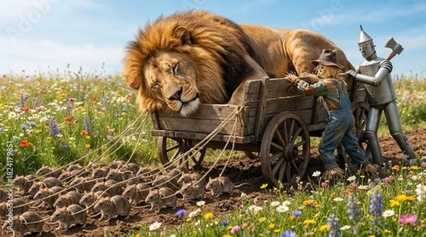 Obraz Mice pulling a wagon with a calm mood carrying a sleeping lion helped by the Tin Woodman and Scarecrow, fairytale scene from The Wonderful Wizard of Oz (1900) in a storybook setting