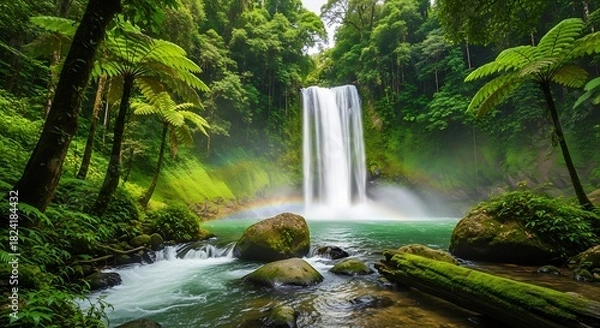 Fototapeta Serene Waterfall Cascade in Lush Tropical Rainforest