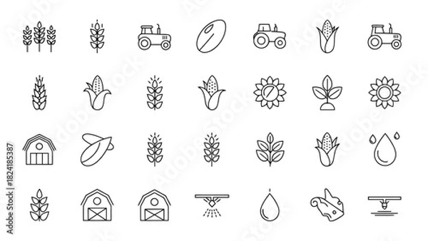 Obraz Farming Tools, Crops, Seeds, Tractor, Organic Growth & Agriculture Elements Line Icons for Eco and Rural Projects