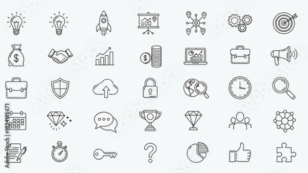 Obraz Technology Devices, Business Growth, Cloud Services, Data Tools, Security, Charts & Workspace Line Icons for Modern UI