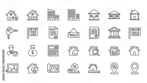 Obraz Real Estate Properties, Houses, Buildings, Rent, Sale, Construction & Architecture Line Icons for Property Platforms