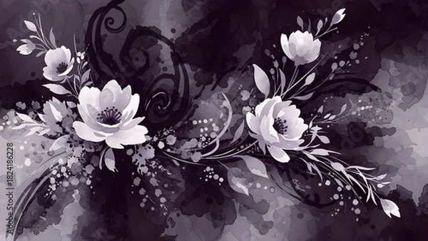 Fototapeta Elegant floral arrangement in grayscale with swirling patterns and delicate blossoms
