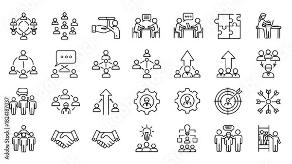 Obraz Business Workflow, Team Collaboration, Strategy Planning, Organization & Corporate Process Line Icons for UI/UX Platforms
