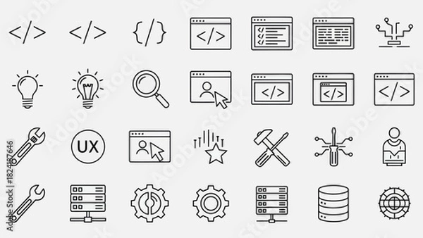 Obraz Web Coding, UI/UX Design Tools, Search Interface, Browser Elements & Development Line Icons for Digital Projects