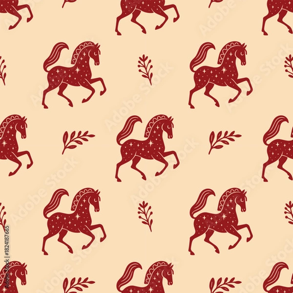 Fototapeta Seamless Horse Pattern with Folk Stars. A repeating decorative design featuring elegant prancing horses and botanical elements