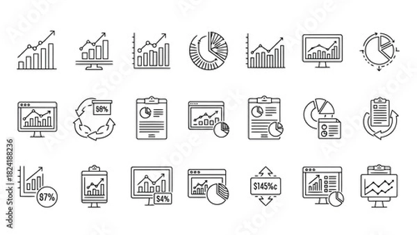 Obraz Business Analytics, Data Visualization, KPI Metrics, Charts & Performance Reporting Line Icons for Dashboard UI Design