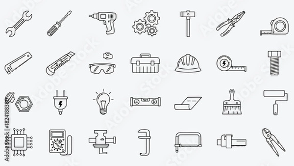Obraz Professional Tools, Engineering Equipment, DIY Hardware & Industrial Maintenance Line Icons for Technical Design