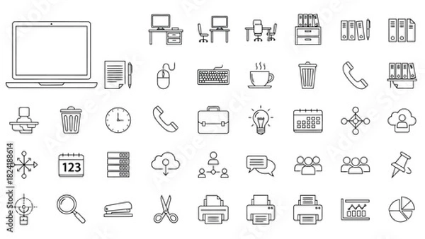 Obraz This office and communication icon pack features desks, chairs, desktop computers, telephones, briefcases, coffee mugs, calculators, calendars, printers, cloud storage symbols, team icons, chat bubble