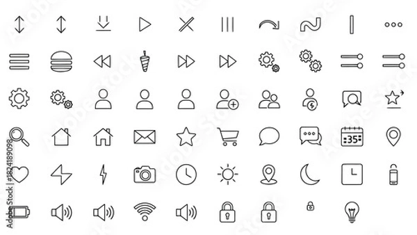 Obraz This user interface and communication icon pack features profile icons, group symbols, chat bubbles, email signs, notification stars, likes, camera icons, sun and moon mode indicators, and security lo