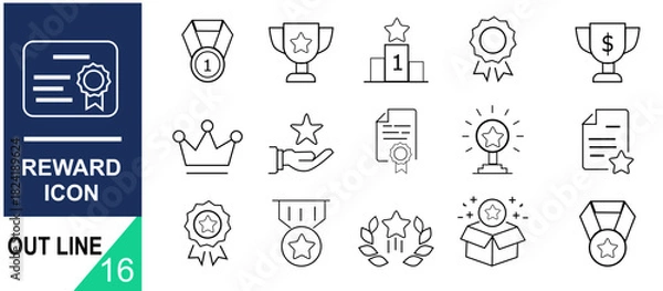 Fototapeta Reward set of web icons in line icons set with editable stroke. A collection of linear icons representing various reward concepts, including gift, trophy, recognition, reward program, medal etc. 