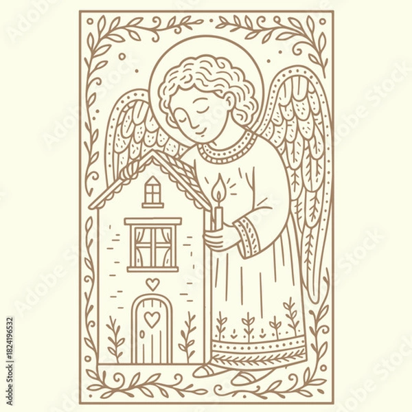 Fototapeta Guardian Angel with Candle and Cozy House. A delicate line-art illustration of a protective angel watching over a warm home, drawn in folk style.