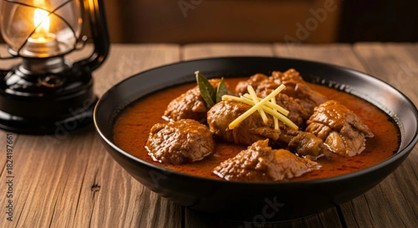 Fototapeta Delicious chicken curry simmering in a bowl, accented by ginger on a rustic wood table, ready to enjoy, vintage lantern glowing nearby