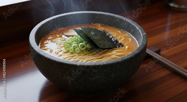 Fototapeta Delicious steaming bowl of ramen with seaweed and green onions awaits on a wooden table, ready for a flavorful and satisfying meal experience