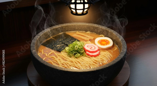 Fototapeta Enjoy a steaming bowl of authentic Japanese ramen, a flavorful culinary experience perfect for food blogs, menus, and restaurant promotions now!