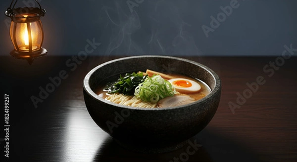 Fototapeta Enjoy a delicious bowl of steaming ramen, complete with egg, seaweed, and scallions, illuminated by the warm glow of an antique lantern nearby