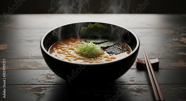 Fototapeta Savor the Flavor Fresh Bowl of Delicious Hot Ramen Noodle Soup with Green Onions and Seaweed on Rustic Wooden Table, Warm Comfort Food