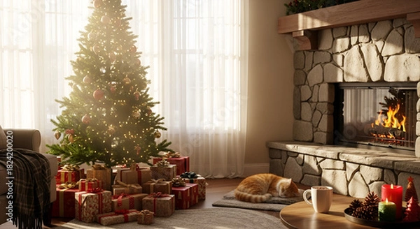 Fototapeta Cozy Christmas Eve scene with a sleeping cat by the fireplace and beautifully decorated tree with gifts creating the perfect holiday spirit