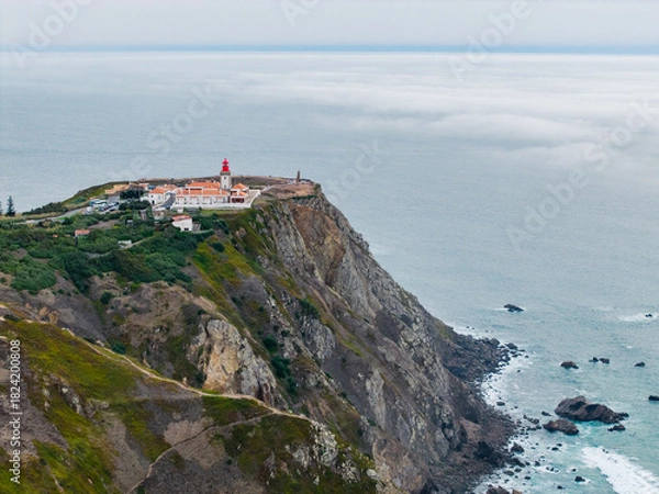 Obraz Scenic Aerial View of Cabo da Roca Lighthouse on Rugged Cliffs Overlooking the Atlantic Ocean in Sintra, Portugal