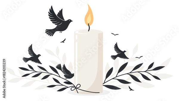 Obraz Peaceful dove silhouettes with glowing candle flame for sympathy cards and memorial services design template