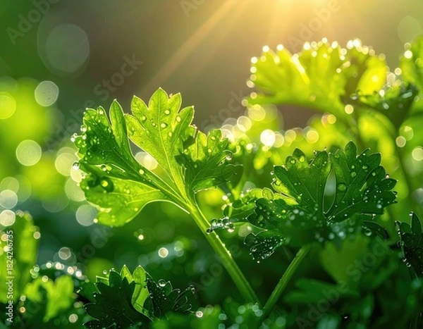 Fototapeta Parsley dew-kissed, sunlit leaves glow bright