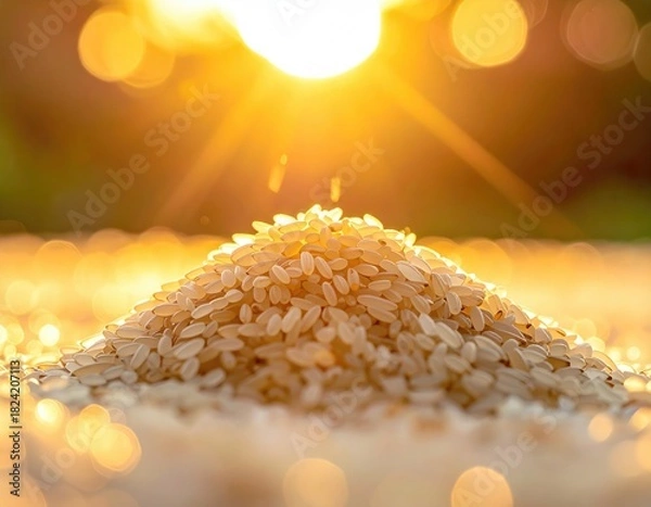 Fototapeta Rice pile glows, sunburst bokeh background